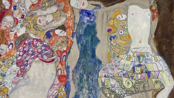 Das Gemälde Die Braut von Gustav Klimt, das viele Menschen, teilweise nackt, auf einem Bild darstellt.