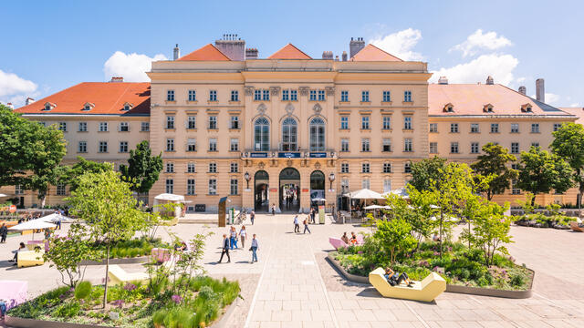 Blick über den begrünten Haupthof des MuseumsQuartier Wien auf den Fischer-von-Erlach-Trakt.