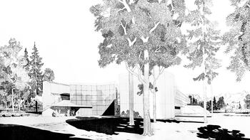 Ein Bildungshaus im Grünen: Entwurfszeichnung von Architekt Wilhelm Holzbauer aus dem Jahr 1967