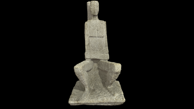 Ein 3D-Modell der Skulptur Große sitzende Figur - Menschliche Kathedrale des Bildhauers Fritz Wotruba, von vorne betrachtet