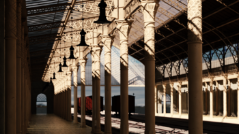 Blick vom Abfahrtsbahnsteig in die Bahnhofshalle des Wiener Nordbahnhofs, Digitale Rekonstruktion