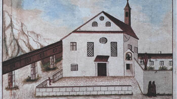 Kapuzinerkirche mit gedecktem Holzgang, der einst zur Eremitage führte, Aquarell von Josef Strickner um 1810.