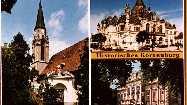 Ansichtskarte, Historisches Korneuburg mit der Abbildung der historischen Gebäude der Pfarrkirche, des Rathauses und des ehemaligen Tröpferlbads