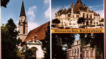 Ansichtskarte, Historisches Korneuburg mit der Abbildung der historischen Gebäude der Pfarrkirche, des Rathauses und des ehemaligen Tröpferlbads