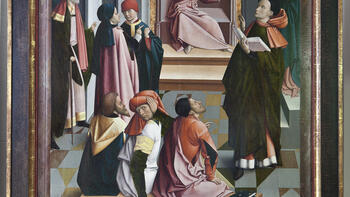 Auf dem Tafelbild des Meisters von Großgmain ist der zwölfjährige Jesus im Tempel dargestellt.