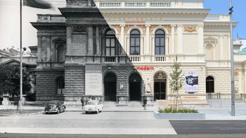 Frontansicht Künstlerhaus, Montage aus zwei Fotografien, links von 1955, rechts von 2020